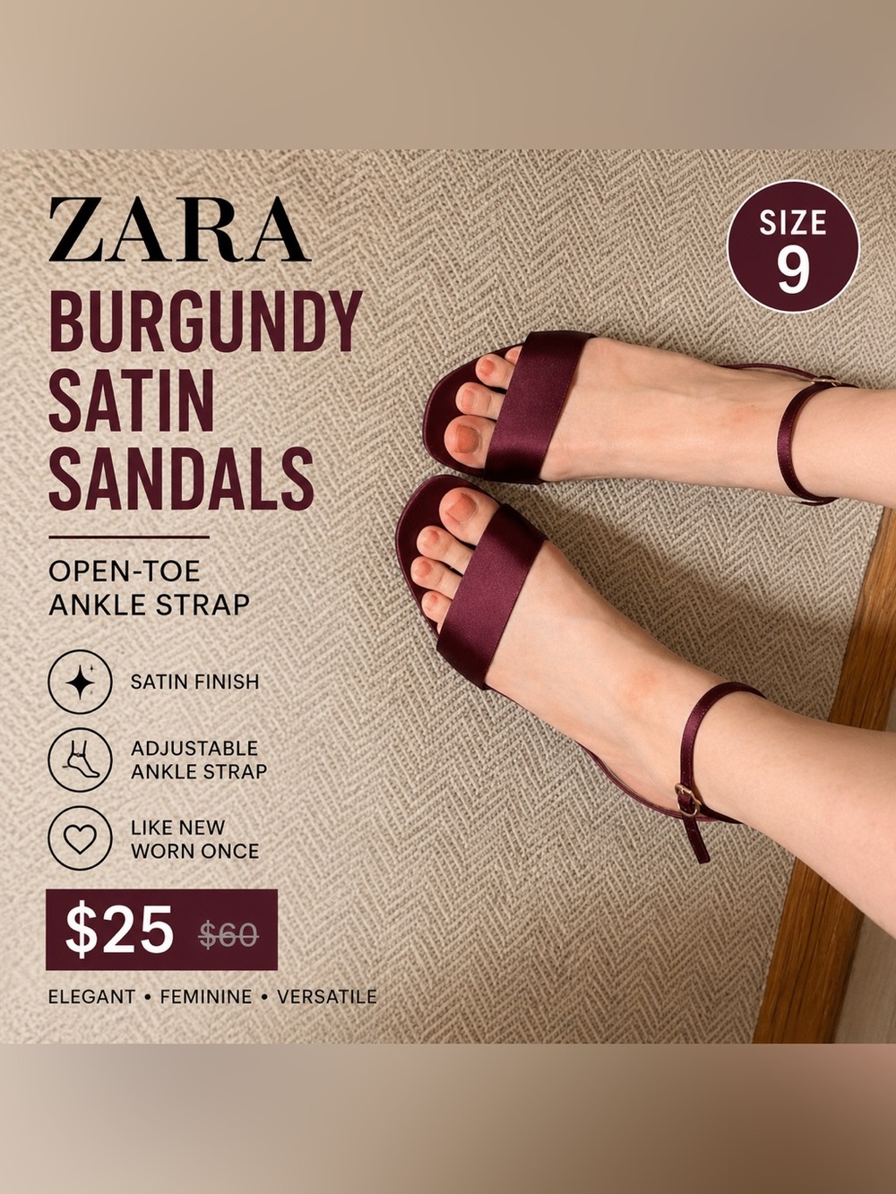 ZARA Burgundy Satin Heels Sandals – Open Toe Ankle Strap | Size 9